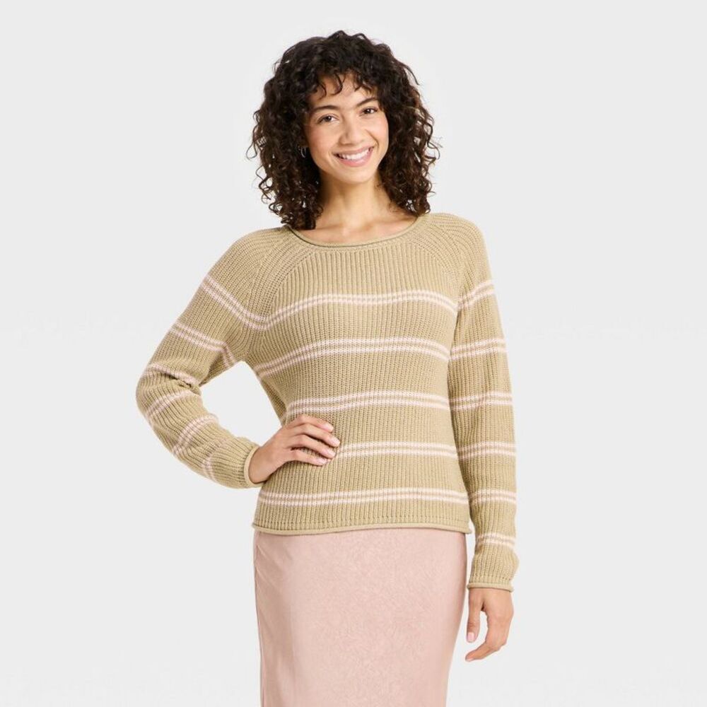 Women's Knit Pullover Sweater - A New Day Beige/Pink Striped S